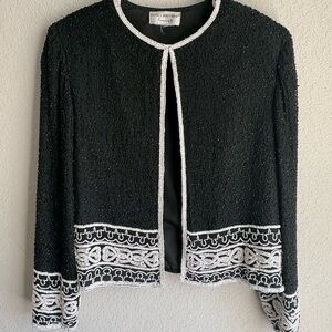 Papell Boutique Black Beaded Evening Jacket with embezzled White Trim